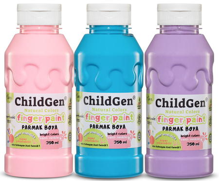 ChildGen, Łatwo zmywalne farby do malowania palcami, PASTELOWE RÓŻ NIEBIESKI FIOLET, 3x 350ml w butelce