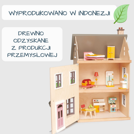 Drewniany trzypiętrowy domek dla lalek z wyposażeniem, Tender Leaf Toys