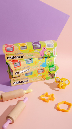 ChildGen, Naturalna ciastolina w eko-kubkach - zestaw 4 kolorów: biały, różowy, fioletowy, żółty